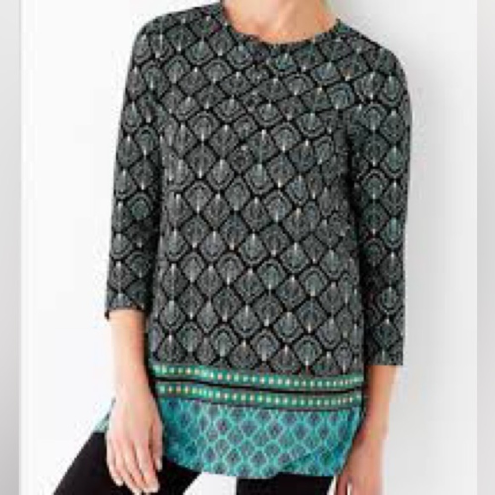 J Jill Border Print Boho Knit Tunic Top Peacock